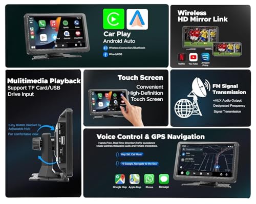 Image of AUTO SNAP Portable Screen 7 Inch Car Play Android Auto Screen Touch Screen Wirelss Voice Control Bluetooth Mirror Multimedia