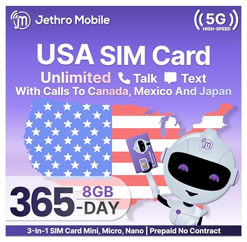 Jethro Mobile Unlimited Talk, Text & 8GB High-Speed Data, Prepaid 365-Day Plan, Works with Senior Cell Phones, Kids, Students & Feature Phones, 3-in-1 SIM Kit