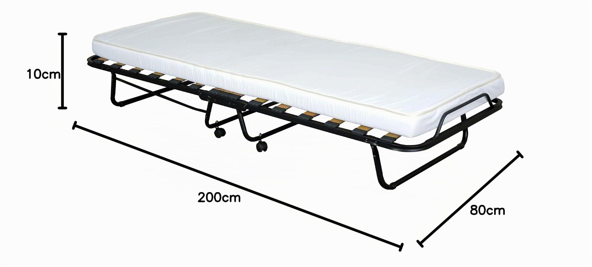 Letto Brandina Pieghevole salvaspazio 80x200 con Materasso singolo da 10 CM con 15 doghe in Betulla/Eucalipto - struttura in Acciaio dotata di rotelle - MADE IN ITALY