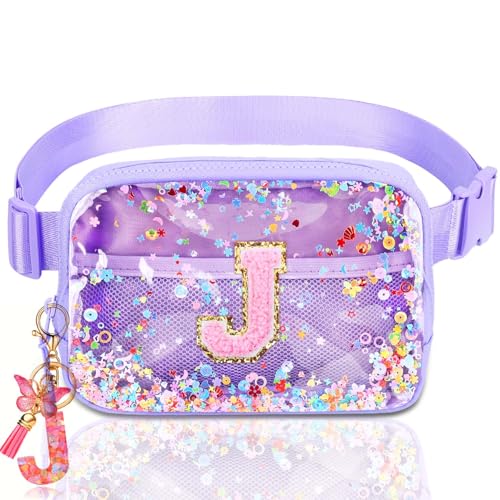 Image of Initial Fanny Pack for Girls - Belt Bag for Teens Kid Teen Girl Kid Birthday Gift Clear Purple J