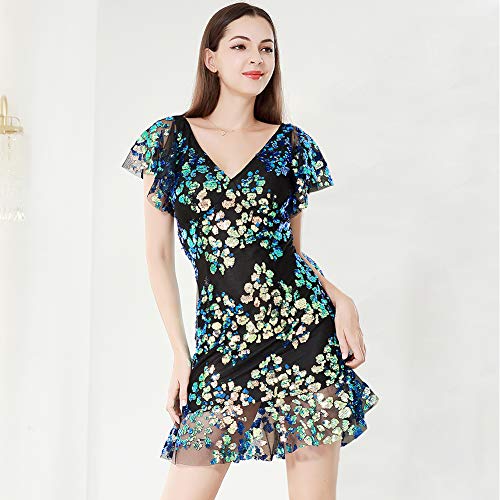 Image of ROYAL SMEELA Sequin Dresses for Women Mini Cocktail Dress Ruffle Sleeve V Neck Glitter Party Dresses for Women Evening