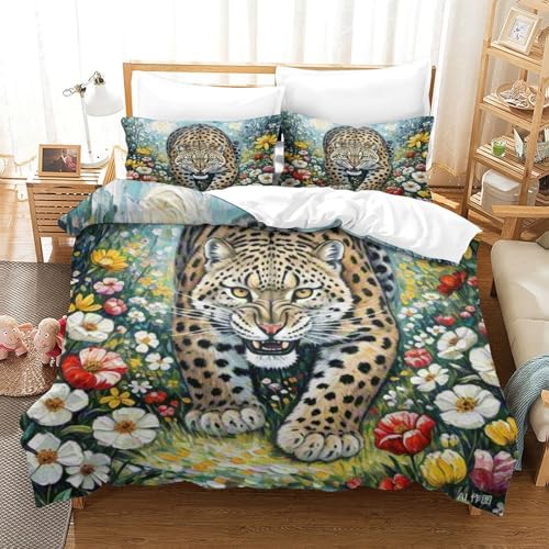 Housse de couette léopard de neige 260x220cm en microfibre douce pour grand lit
