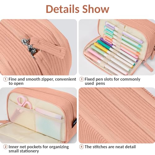 Image of Sooez Big Capacity Pencil Case Pen Pouch, Soft Corduroy Pencil Bag with 3 Compartment, Multiple Pockets, Sturdy Zipper, Cute School Supplies Pen Bag Organizer For Teen Girls College-Orange