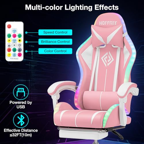 Image of HOFFREE Gaming Chair with LED RGB Lights with Massage and Footrest Ergonomic Computer Chair High Back Video Game Chair with Adjustable Lumbar Support Linkage Armrest Pink and White