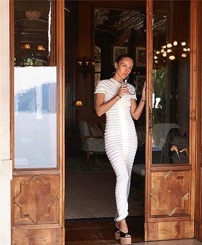 Atyfuniby Womens Sweater Bodycon Dresses Short Sleeve Crochet Knit Tube Sheer Stripe Mock Neck Midi Dress4