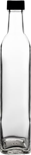 Consol Square Oil and Vinegar Glass Bottle with Black Lid, 500 ml Capacity, Clear