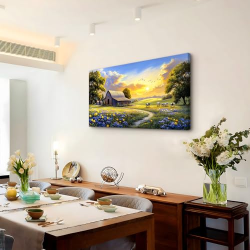 crmotu Rustic Farmhouse Wall Art, Nature Pastoral Landscape Large Artwork, Dairy Cow Farm Sunset Canvas Painting, Meadow Wildflower Pictures Wall Decor Living Room Kitchen Bathroom Art Prints 20X40 In