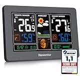 Newentor Stazione meteo radio con sensore esterno, stazione meteo radio con previsioni meteo, avviso di temperatura, orologio radio DCF, funzionamento a batteria e funzionamento a rete, Nero
