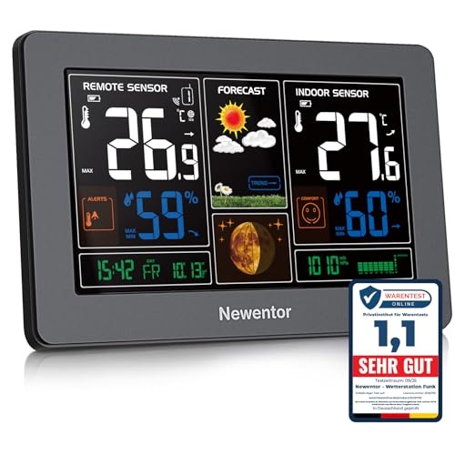 Newentor Stazione meteo radio con sensore esterno, stazione meteo radio con previsioni meteo, avviso di temperatura, orologio radio DCF, funzionamento a batteria e funzionamento a rete, Nero
