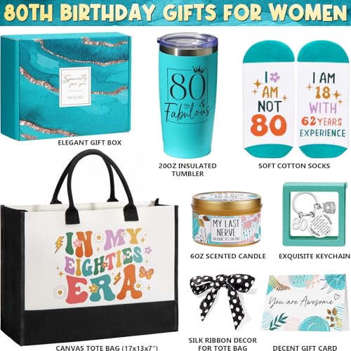 Image of MAYICIVO 80th Birthday Gifts for Women, Best 1946 Gifts Basket for 80 Year Old Women 80th Happy Birthday Ideas for Mom Sister Friend Wife Grandma w /Canvas Tote Bag