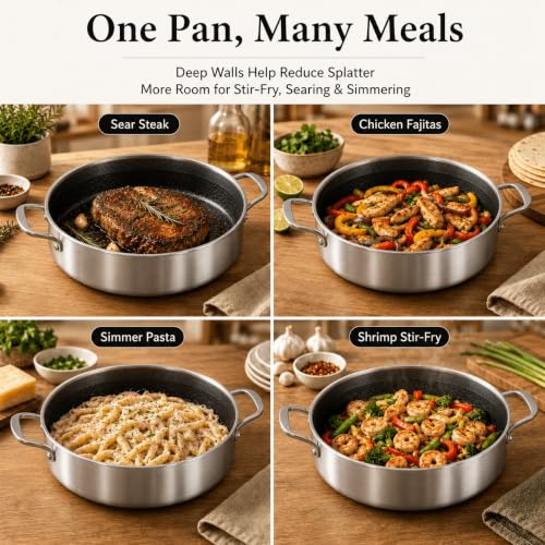 DELARLO Tri-Ply Stainless Steel 10 Inch Deep Frying Pan 3QT Saute Pan With Lid, Induction Compatible Chef Cooking Pan with lid, Dishwasher & Oven Safe by DELARLO - Used condition - Image 8