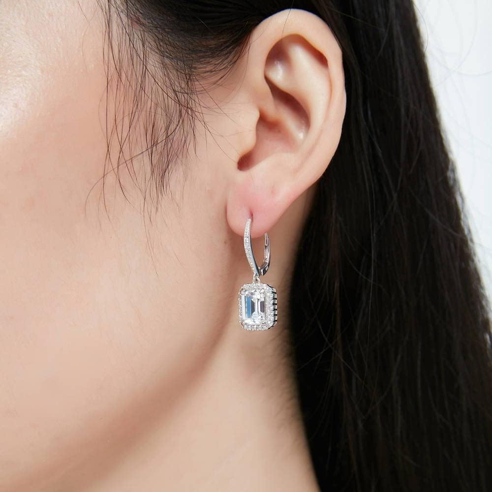 BERRICLE Sterling Silver Halo Emerald Cut Cubic Zirconia CZ Fashion Necklace and Earrings Set for Women, Rhodium Plated - Image 6