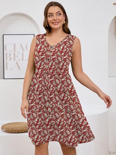 Image of AusLook Plus Size Women Summer Dresses Sleeveless Casual Loose Swing Button Down Midi Dress with Pockets 1X-5X