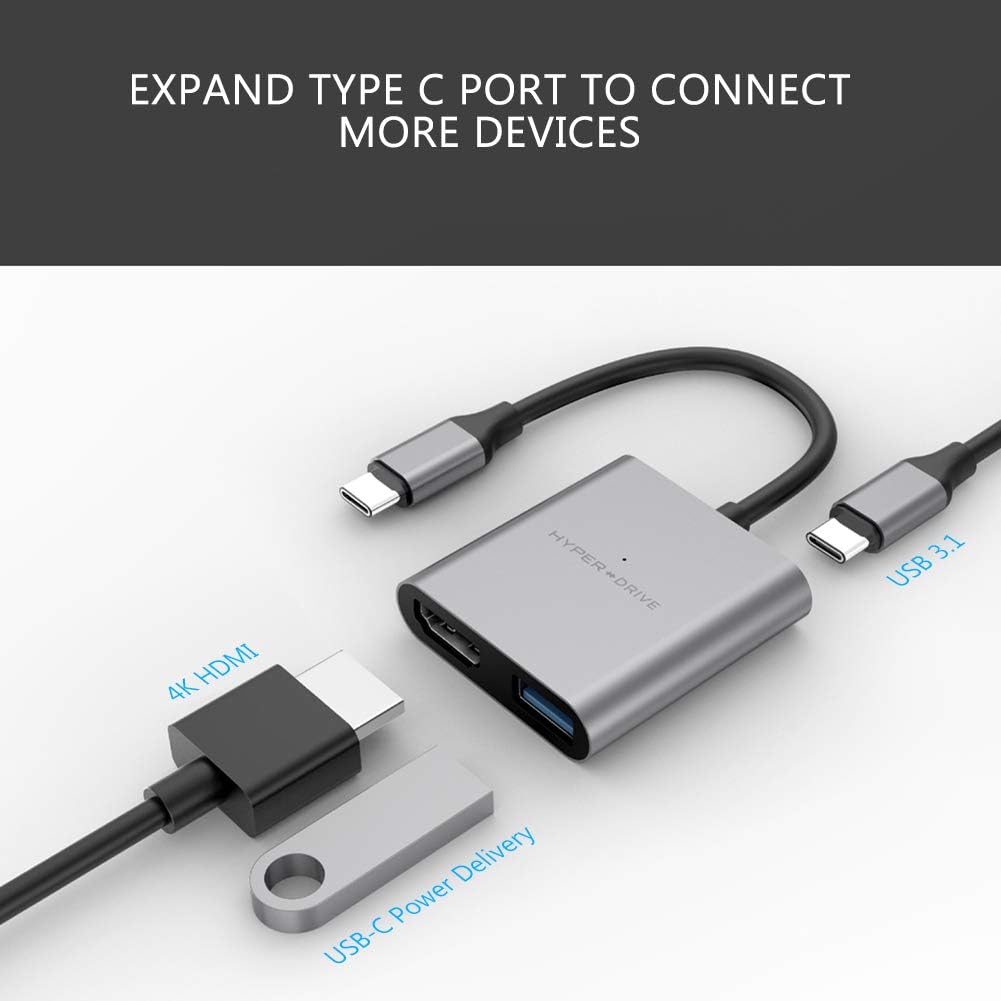 HyperDrive USB Type C HDMI Adapter, 3-in-1 USB C to HDMI Converter Aluminum Digital Multiport Type-C Hub w 4K and Power Delivery, USB 3.1 for MacBook, Ultrabook, Chromebook, PC, USBC Devices
