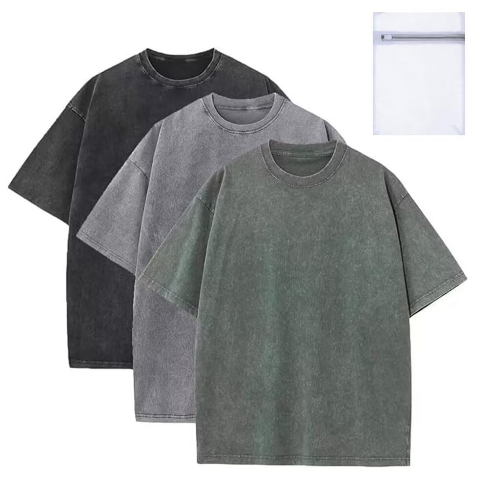 SAROULU Men's Oversized T-Shirts with Laundry Bag Heavy Cotton Vintage Washed Tee Unisex Short Sleeve Casual Shirts Tee Tops
