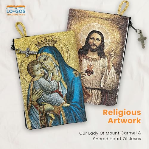 Image of Catholic Rosary Pouch, 4 inch x 6 inch Jewelry & Coin Purse with Cross, Small Woven Tapestry Icon Bag, Bolsa de Rosario Catolico para Joyeria, Our Lady of Mount Carmel & Sacred Heart of Jesus, 4 inch x 6 inch