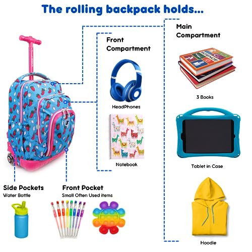 Image of J World Lollipop Kids Rolling Backpack & Lunch Bag Set for Elementary School. Carry-On Suitcase with Wheels, Strawberry