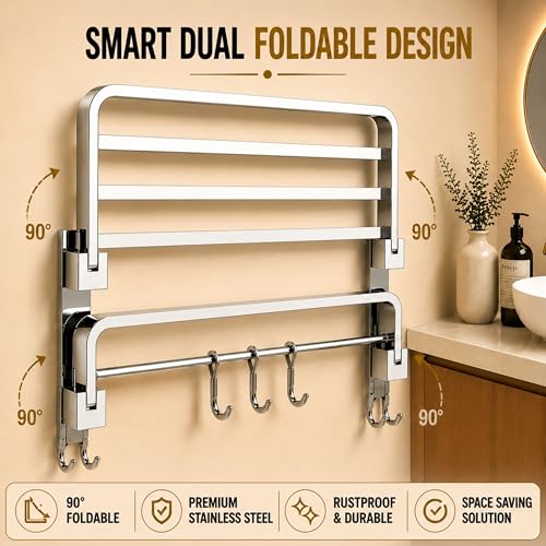 Image of Towel Rack for Bathroom 24 Inch Stainless Steel | Dual Folding Towel Holder Wall Mounted | Foldable Towel Stand, Towel Hanger, Bathroom Accessories for Home & Kitchen