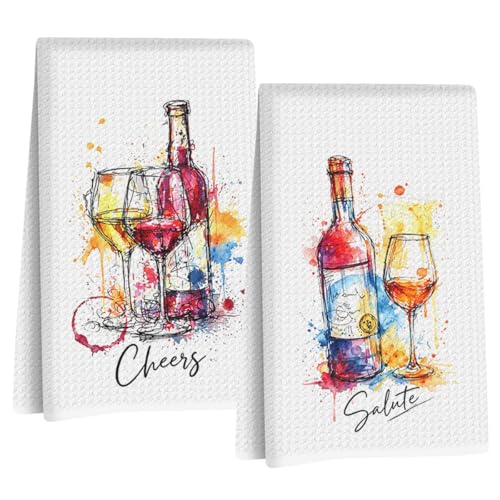 Image of 2 Pcs Graffiti Wine Kitchen Towels, Italian Gifts Reusable Dish Towels | Waffle Weave Hand Cloth Tea Towel for Kitchen Bathroom Home Decor, Wine Lover Gifts for Women Mom Friend 24x14 Inch