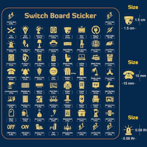 Image of Trifirt Royal Gold 600 Switchboard Stickers | Premium Self-Adhesive Vinyl Labels | 66+ Luxury Embossed Icons for Fan, Geyser, Light, Door Bell, AC & Home /Office Electrical Switch Identification