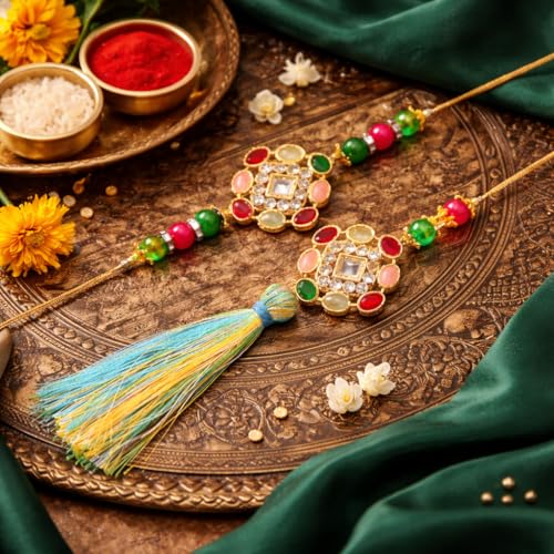 Image of Jaipur Ace Designer Kundan Rakhi with Lumba for Bhaiya Bhabhi | Premium Raksha Bandhan Thread for Brother & Sister-in-Law | Fancy Stone Work Bracelet with Tassel | Traditional Festival Gift (SET OF 3)