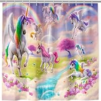 ANHOPE Unicorn Shower Curtain Waterproof Mould & Mildew Resistant Polyester Fabric Bathroom Curtain Rainbow Butterfly Floral Bath Drapes Bathtub Decor Set with 12 Hooks 180 x 180 cm