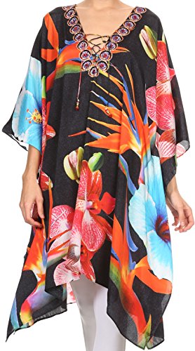 Sakkas SS1646 KF2020673A- Kristy Long Tall Lightweight Caftan Dress/Cover Up with V-Neck Jewels - Black Multi - OS