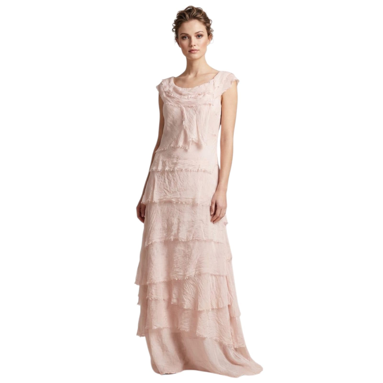 Alam Exclusive Women's Pale Pink Dress Maxi Flap Over Italian Shredded Elegant Sleeveless Party Summer Layer Look Plain Pleated Layer Resort Wear (Pale Pink)