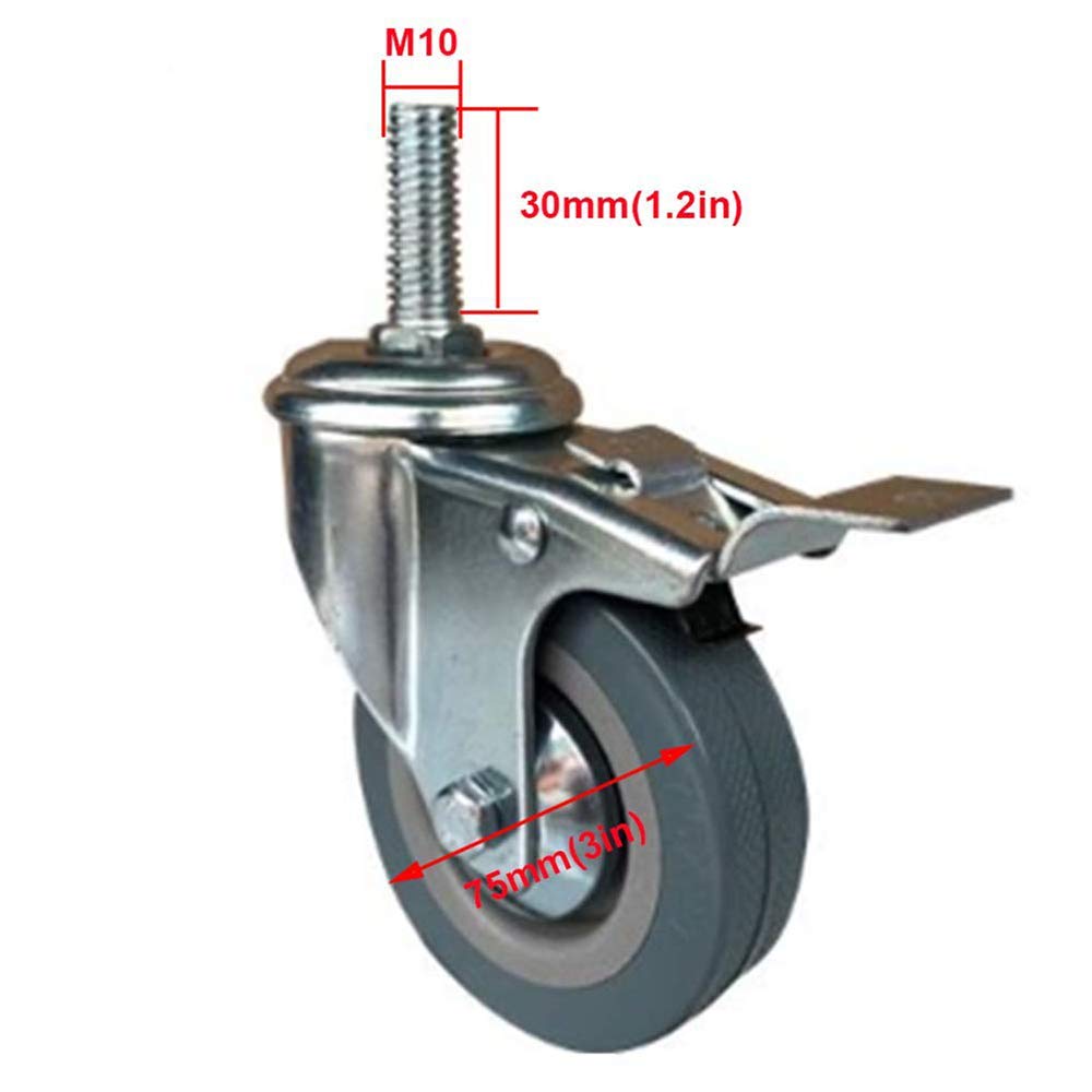 Confezione da 4 ruote girevoli in gomma da 100 mm, con freno, resistenti, per banco da lavoro e carrello, bullone M10/M12, capacità di carico 400 kg