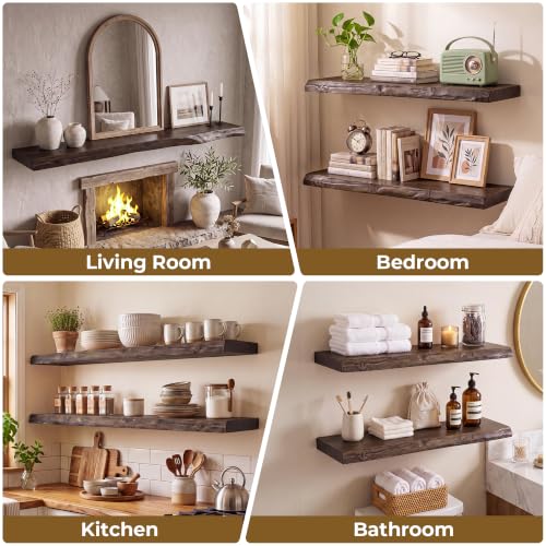 Image of RICHFOCUS Live Edge Elm Floating Shelves - 22 inch W x 9.3 inch D Rustic Solid Wood Wall Shelves with Invisible Bracket, Wall-Mounted for Living Room, Bedroom, Kitchen Storage & Display, Set of 2, Walnut