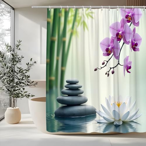 Zen Lotus Flower Shower Curtain Asian Garden Spa Design Orchids and Stones Water Scenery Farmhouse Flower Rustic Landscape Violet Pansy Purple Floral Polyester Fabric Bathroom Decorative Curtain