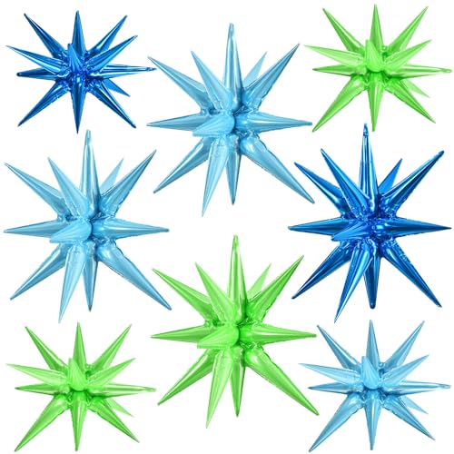 Image of TONIFUL 8 Pcs Blue and Green Explosion Star Foil Balloon Party Decoration | 22 Inch Large Mylar Star Balloons for Ocean & Sea Creature Baby Shower Dinosaur Themed Birthday Summer Pool Party Decorations