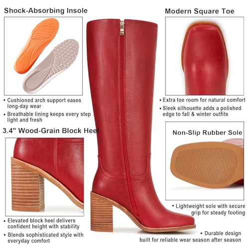 Knee High Boots for Women – Comfortable Faux Leather Tall Dress Boots with Genuine Leather Heel Wrap, Square Toe, 3.4" Wood-Grain Block Heel & Side Zipper – Stylish Fall & Winter Fashion2
