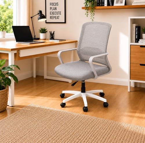 Image of Office Arm Chair with Frame, Mesh Back, Nylon Base, and Adjustable Handle, Cushion Fabric (Robo Chair-Grey)