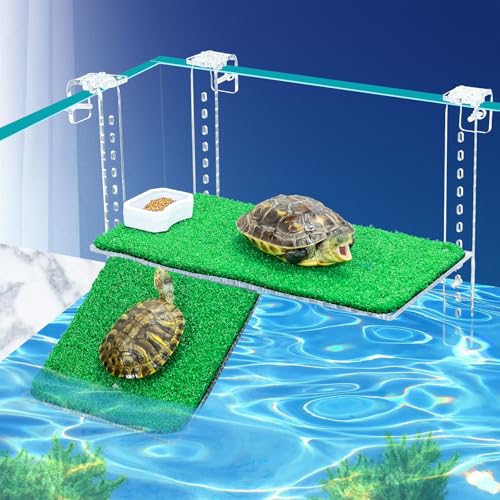 Image of Turtle Basking Platform with Artificial Grass & Adjustable Ramp Non-Slip Large Dock for Aquatic Turtles Fits 0.31 inch-2.11 inch Thick Tanks Durable Acrylic Turtle Tank Accessories 13 Inch