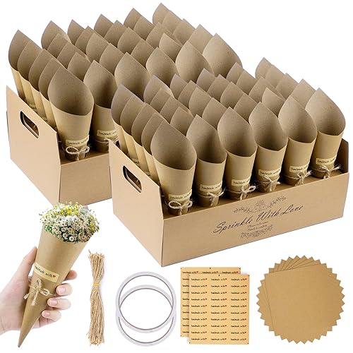 VORHOT 60 Piezas Conos Arroz Boda, Soporte Cucuruchos de Papel Kraft con 2 Cajas, Conos de Confeti para Decoración Fiesta Ceremonia, Marrón