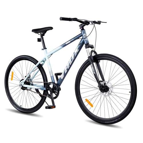 Image of Vaux City-Pro 700C Hybrid Cycle for Men With Suspension Fork & Dual Disc Brakes, 19 Inch HI-Ten Steel Frame, 700x35C Tyres, Double-Wall Alloy Rims, City Bike(Nardo-Grey, Single Speed, Suspension Fork)