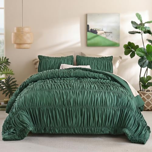 Image of weigelia Ruched Comforter Set Full Size, 3 Piece Emerald Green Ruffle Bedding Comforter Set with 2 Pillowcases, Soft Lightweight Polyester Comforter for Girls Room, Dorm, Guest Room, Boho Bed Set