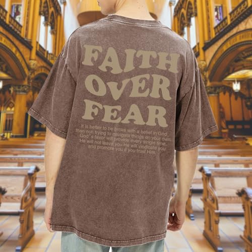 Image of Christian Shirts for Men Faith Over Fear Oversized Shirt Acid Wash Tshirt Graphic Religious T Shirt Bible Verse Tees