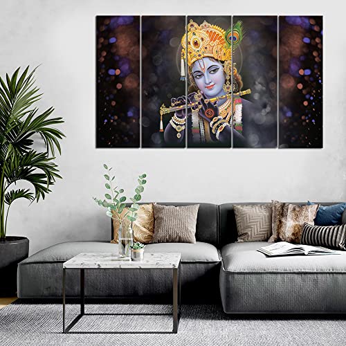 Image of Spacter art Lord Krishna Bansuri Wall Painting For Living Room Big Size Black krishna Wall Decor for Bedroom, Office, Hotels - Peaceful Digital Painting Wooden Framed for Gifting (30x60 inch) SP50