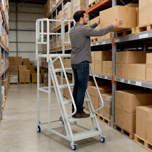 Image of 6 Step Rolling Ladder with Handrails, Industrial & Warehouse Stairs with Wheels, 1200LBs Capacity Non-Slip Platform Ladder for Garage, Library, Supermarket, 23.9 inch L X 55.1 inch W X 89.6 inch H
