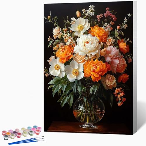 数字油絵 花束 ペイントバイナンバー 花瓶, ナンバーペイント大人のDIYセット(ブラシとアクリル絵の具を含む)、クリエイティブな手作りの油絵セット、女性へのデジタル絵画ギフト、壁の装飾 30×40cm -WX251034W