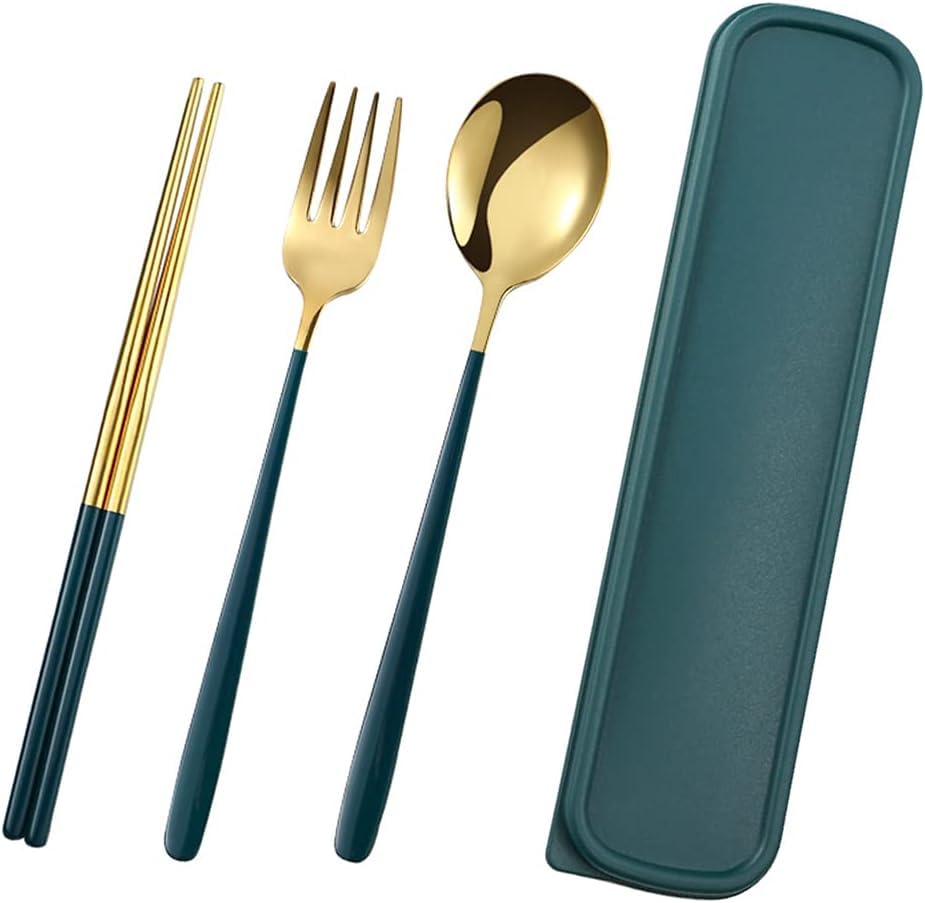 Heinriched 3 Piece Premium Gold Stainless Steel Chopsticks Fork Spoon Set with Travel Case Non-Slip Dinnerware Cutlery Set Tableware Set for Gift (Gold Green)