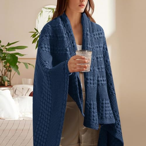 Image of PHF 100% Cotton Waffle Throw Blanket for Couch, Lightweight Breathable and Soft for Summer, Luxury Aesthetic Waffle Weave Blanket for Home Decor & Office, Gifts for Women, 50 inchx60 inch, Bright Navy