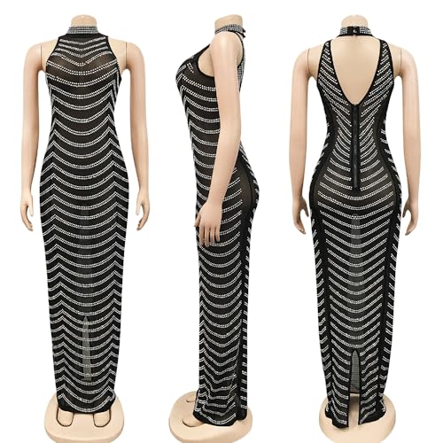 Image of PORRCEY Women's Sexy Elegant Rhinestone Mesh See Through Bodycon Party Club Night Prom Dress