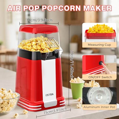Image of OSTBA Hot Air Popcorn Popper, 12-Cup Popcorn Maker Machine, Red | 1200W Power, Retro Countertop Style, Measuring Cup, One-Switch Use, Movie Night & Party Snacks