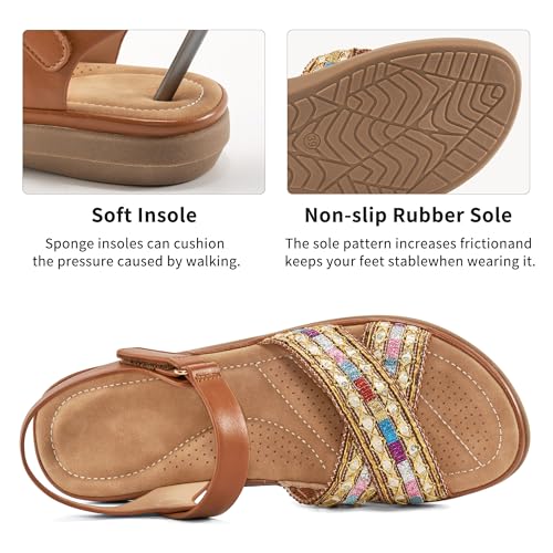 Almusen Flat Sandals for Women Dressy: Comfortable Summer Beach Shoes Casual Ankle Strap Bohemian Woven Walking Sandal4