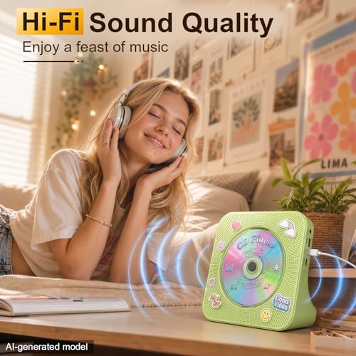 Image of Gueray CD Player Portable Bluetooth Desktop CD Player for Home with Timer Built-in HiFi Speakers with LCD Screen Display Boombox FM Radio USB Type-c (Green)