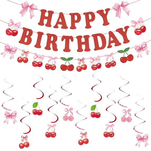 Image of 43 Pcs Cherry Party Decorations, Happy Birthday Banner with Hanging Swirls | Summer Fruit Theme Cherry Party Decorations for Wedding Birthday Bridal Shower Baby Shower