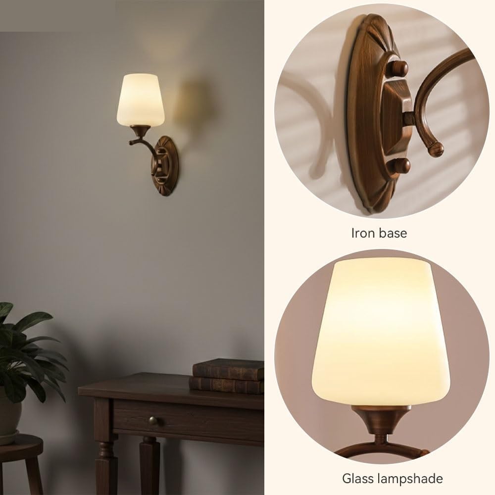 Milk Glass Wall Sconce, Antique Bronze Vanity Light, White Glass Shade, Classic Iron Indoor Wall Lamp for Bedroom, Living Room, Hallway, Staircase, Bedside, Entryway, Foyer Parlor